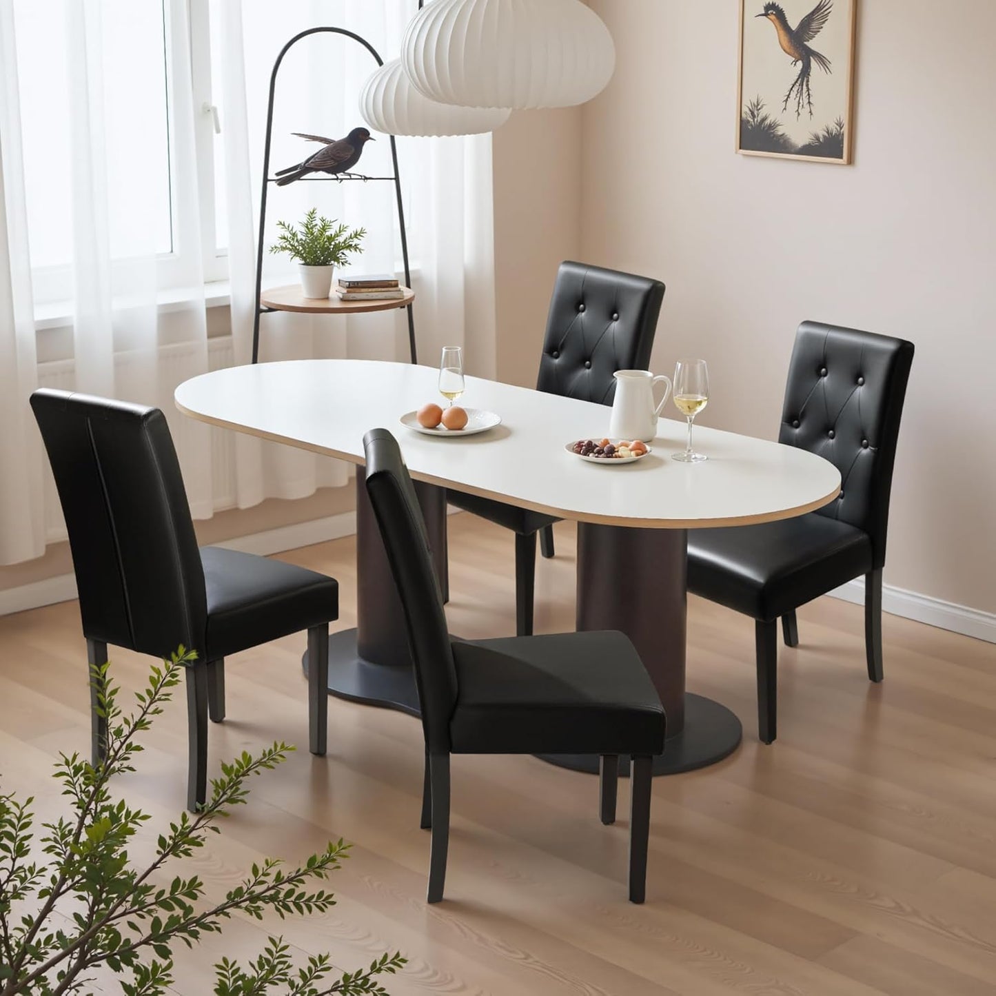 Upholstered Dining Chairs Set of 2, PU Leather Dinning Room Chairs, Button Tufted Kitchen Chairs with Adjustable Wood Legs for Dining Room/Living Room/Restaurant (Leather Black, 2)