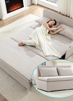 Elegant 64" Queen Size Convertible Sofa Bed - Chic Linen Upholstered Couch with Mattress & Pillows, Ideal for Compact Living Spaces and Accommodating Guests (Beige)