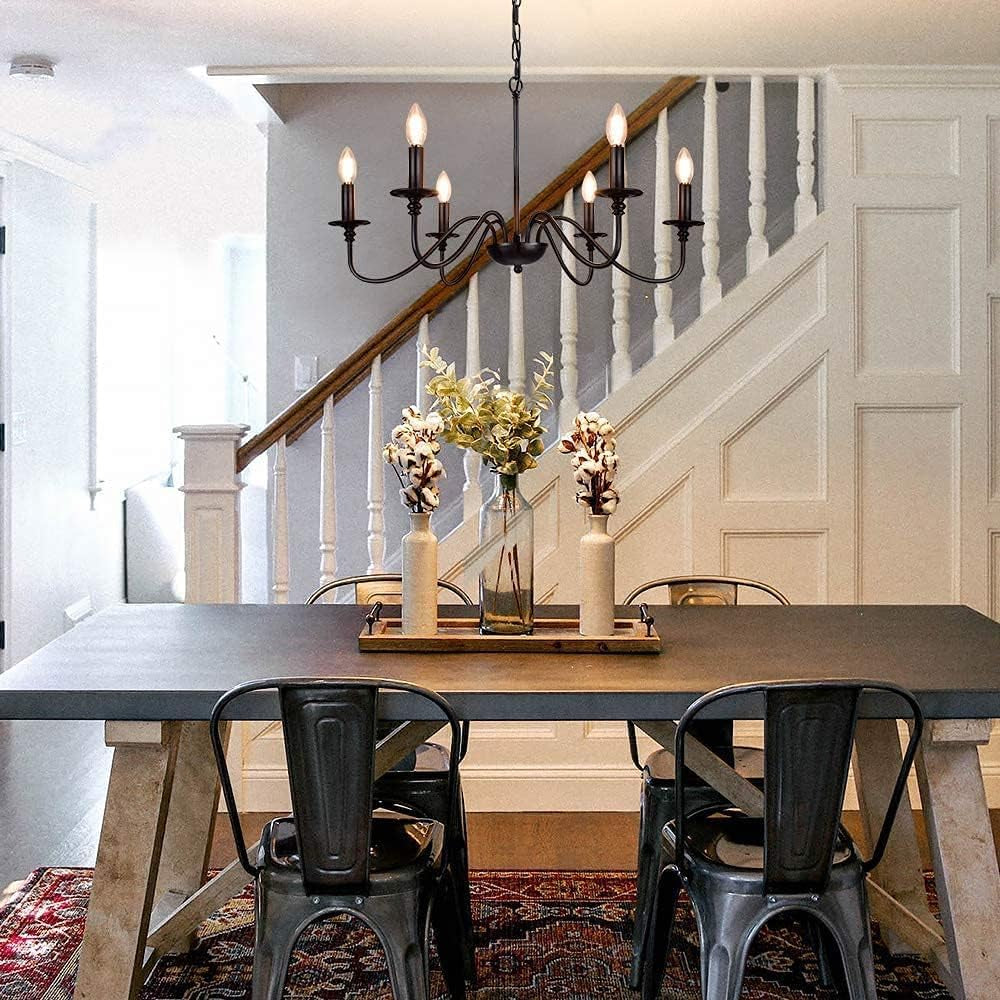 Farmhouse Chandelier for Dining Room: 6-Light Black Industrial Kitchen Island Pendant Light Fixture - Rustic Candle Chandeliers Vintage Modern Hanging Ceiling Lamp for Bedroom Foyer