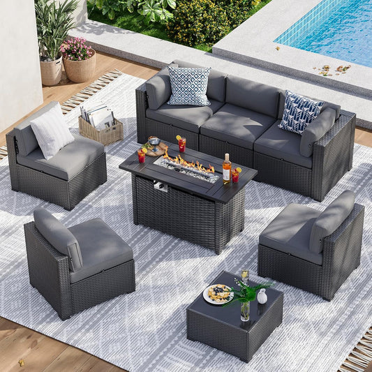 8 Piece Patio Furniture Set with 44” Fire Pit Table Wicker Rattan Patio Sectional Sofa Set Outdoor Seating Furniture with Thickened Cushion, Grey