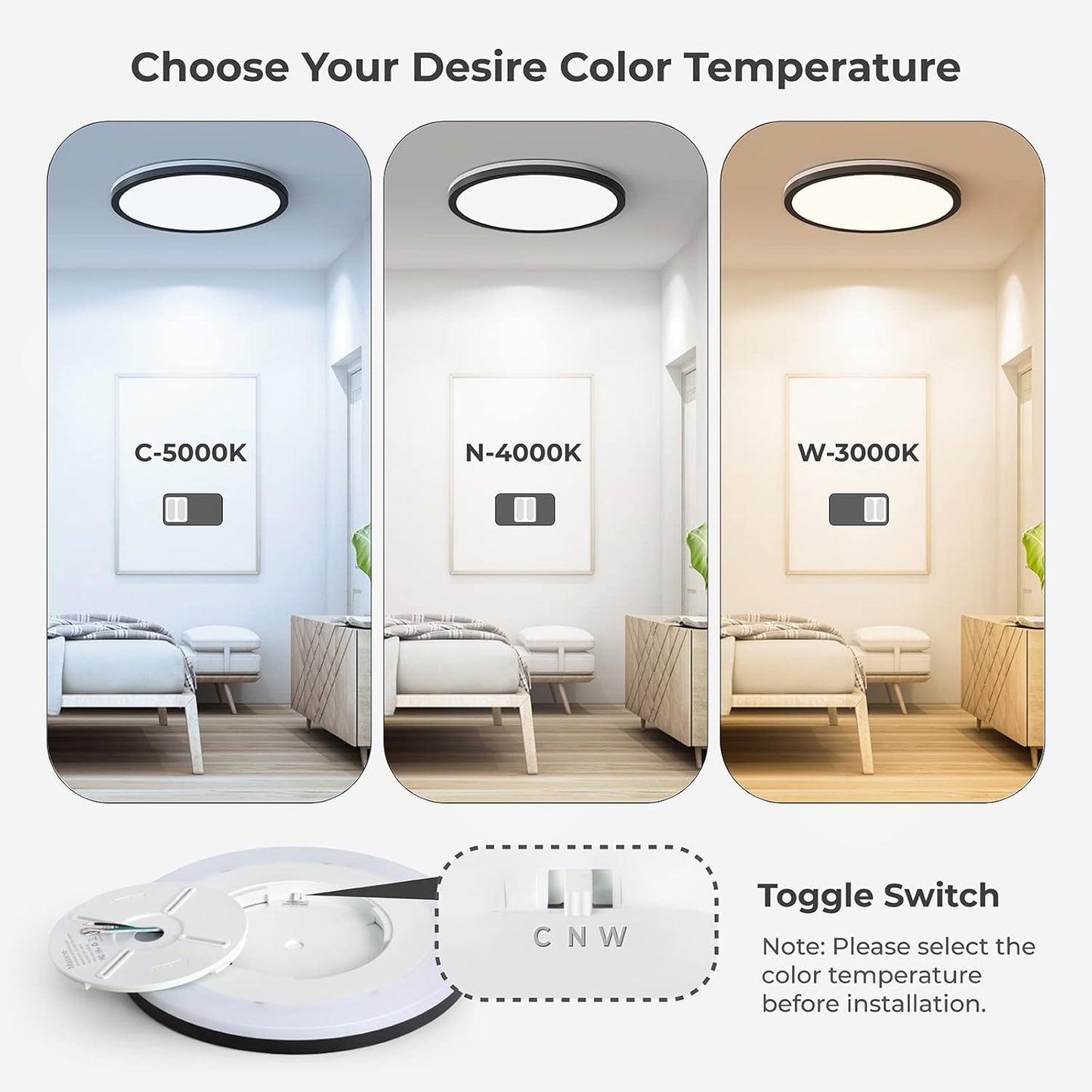 12 Inch LED Flush Mount Ceiling Light Fixture with Night Light, 24W 2400LM 3000K/4000K/5000K Selectable, Dimmable Ceiling Lights for Bedroom, Dining Room, Kitchen, round Black