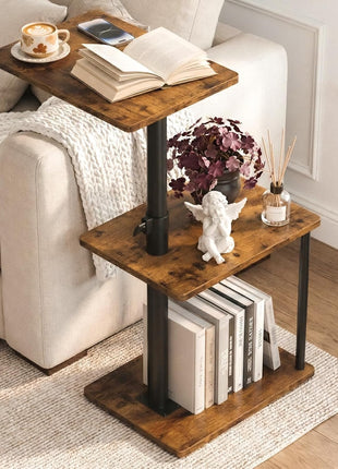 360° Swivel C-Shaped Side Table with Adjustable Height and Storage, 3-Tier Nightstand with Open Shelf for Compact Spaces, Rustic Brown Finish