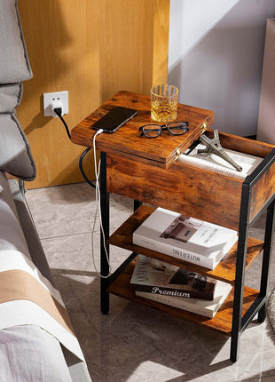 End Table with Built-in Charging Station, Flip Top Design Featuring USB Ports and Outlets, Multi-functional Sofa and Bedside Table for Living Room and Bedroom, Space-saving Nightstand with Storage Shelves