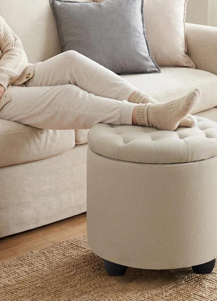Contemporary Beige Round Storage Ottoman with Button Tufting and Detachable Lid for Living Room, Bedroom, and Makeup Space