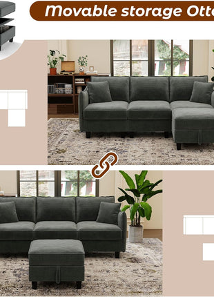 L-Shaped Modular Sectional Sofa with Storage Ottoman and Washable Cushion Covers for Living Room, Apartment, or Bedroom in Grey