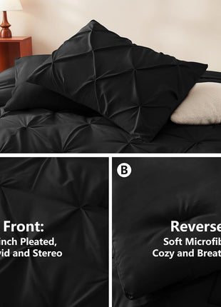 7-Piece Queen Comforter Set in Black - Premium Pintuck Bedding Set with Comforter, Sheets, Pillowcases, and Shams