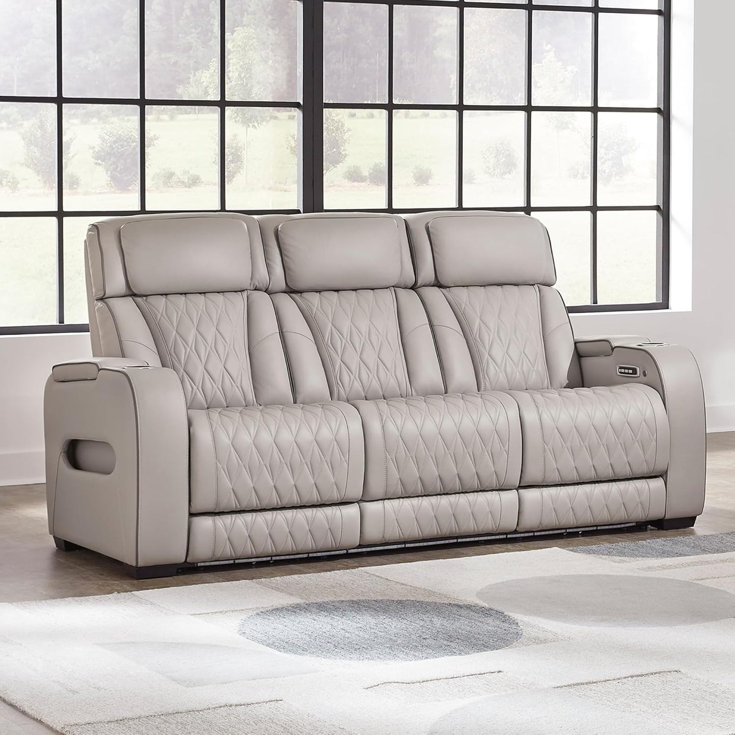 Boyington Contemporary Leather Match Power Reclining Sofa with USB Charging Ports, LED Lights and Adjustable Headrest, Light Gray