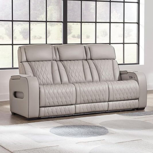 Boyington Contemporary Leather Match Power Reclining Sofa with USB Charging Ports, LED Lights and Adjustable Headrest, Light Gray