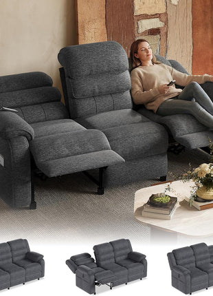 Power Reclining Sofa, 3-Seater Electric Couch with Dual Motors and Remote Control, Chenille Fabric with Side Pockets, 76.5" Wide (Grey) for Living Room and Game Room