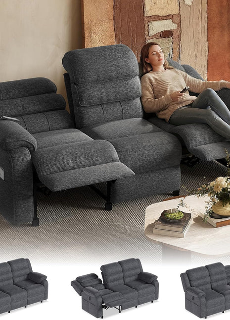 Power Reclining Sofa, 3-Seater Electric Couch with Dual Motors and Remote Control, Chenille Fabric with Side Pockets, 76.5" Wide (Grey) for Living Room and Game Room
