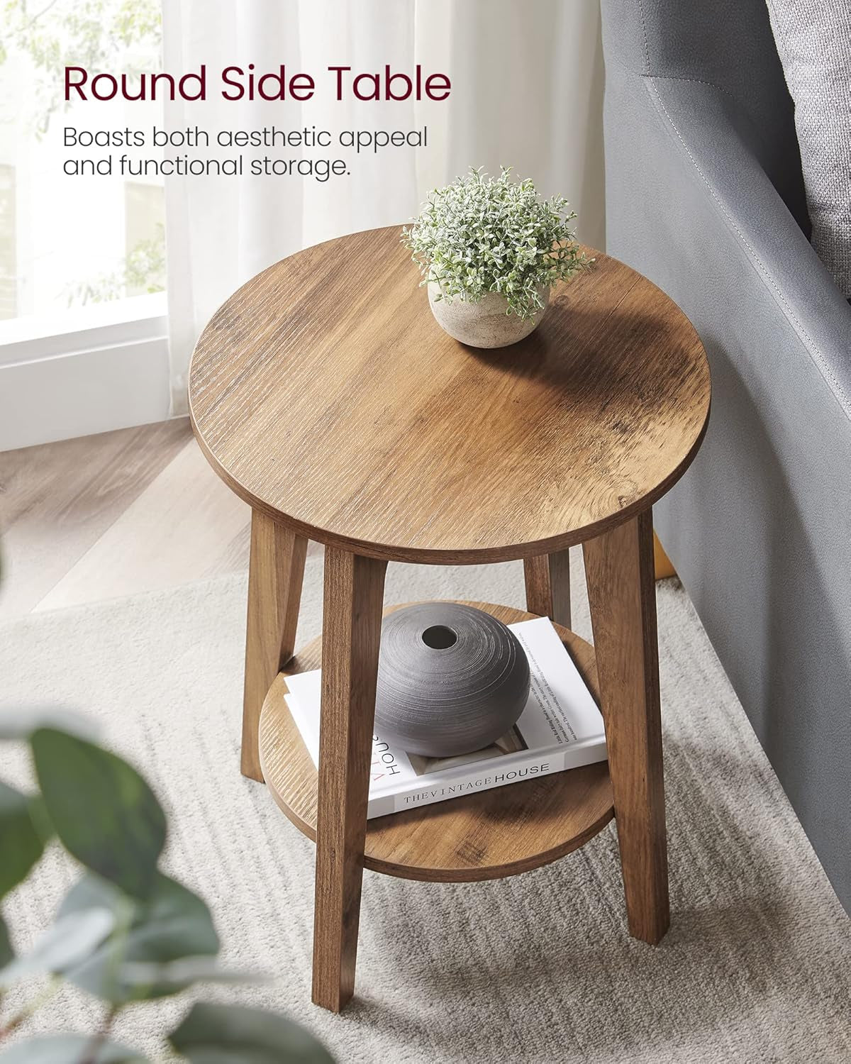 MAEZO Collection - Side Table, 2-Tier Small round End Table, Nightstand with Tapered Legs, Curved Transitions, for Small Spaces, Living Room, Bedroom, Rustic Walnut ULET283T41