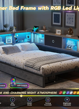 Twin Size Metal Platform Bed Frame with Bookcase Storage Headboard, LED Lights, Storage Drawers, and Charging Station in Oak Gray for Kids and Teens