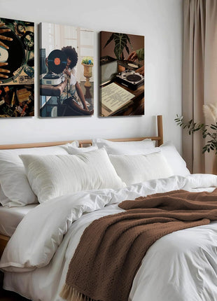 Contemporary Black Woman Wall Art Collection - Set of 3 Framed Canvas Prints Showcasing African American Music and Record Player Designs for Bedroom and Living Room, 12x16 Inches