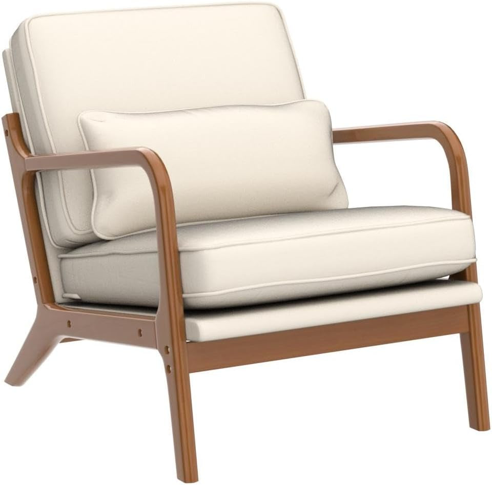 Accent Chair Mid-Century Modern Chair with Pillow Linen Fabric Upholstered Lounge Arm Chair with Solid Wood Frame & Soft Cushion for Living Room, Bedroom, Balcony, Beige