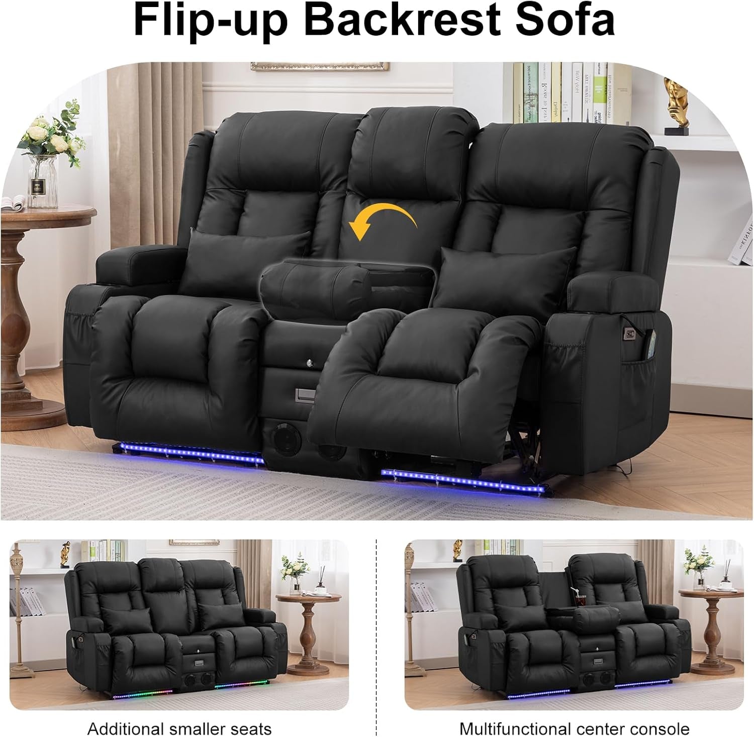 Power Loveseat Recliner Sofa with Massage & Heat Home Theater Seating with Console RV Recliner Loveseat Sofa with Usb/Outlet/Storage/Side Pocket/Led Light/Speaker (Black, Loveseat)