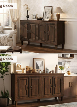 60" Mid-Century Solid Wood Sideboard Cabinet with 4 Doors - Versatile Storage Buffet and Coffee Station for Dining and Living Rooms