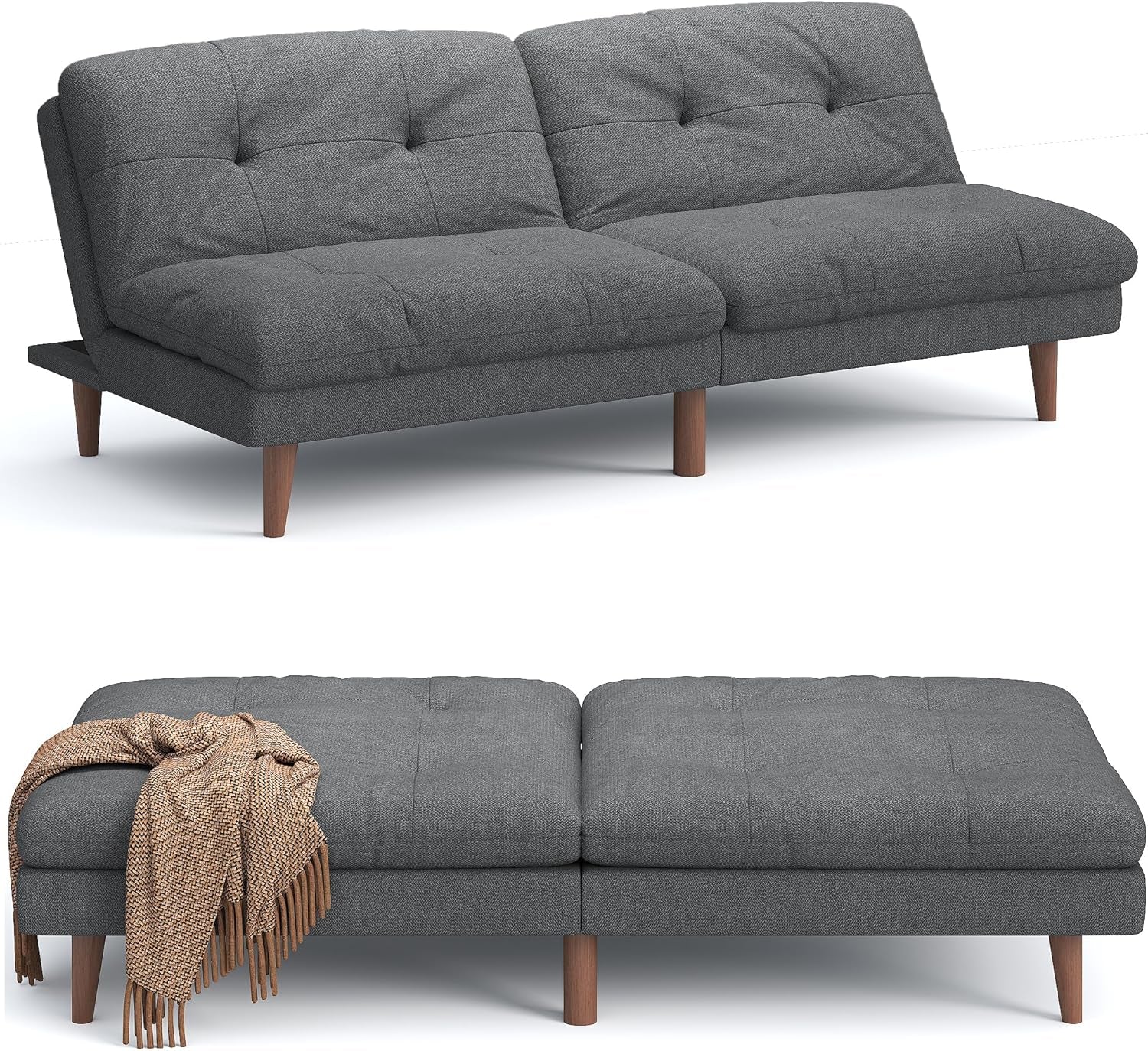 Convertible Futon Sofa Bed Futon Couch with Adjustable Back Upholstered Sleeper Sofa Bed for Living Room Furniture (Fabric,Grey)