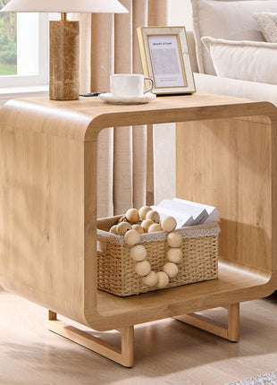 23.6-Inch Contemporary End Table with Integrated Charging Station, Two-Tier Design, Open Storage Shelf, and Electrical Outlet, Wooden Nightstand for Bedroom and Living Room, Easy Assembly, Natural Oak Finish