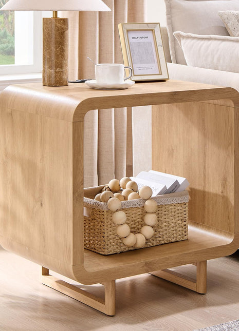 23.6-Inch Contemporary End Table with Integrated Charging Station, Two-Tier Design, Open Storage Shelf, and Electrical Outlet, Wooden Nightstand for Bedroom and Living Room, Easy Assembly, Natural Oak Finish