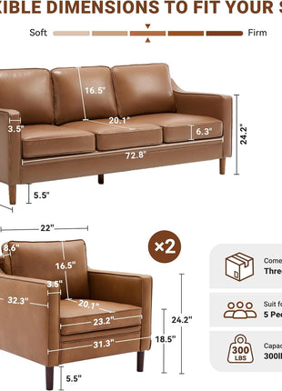 Mid-Century Modern Living Room Set: Elegant 3-Seater Sofa and Two Armchairs in Brown Faux Leather