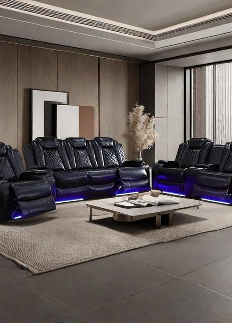Power Recliner Seating Ensemble with LED Lighting, Air Leather Upholstery, USB Port, Wireless Charger, Storage Console, and Cup Holders for Home, Theater, and Apartment Use (Black, Sofa, Loveseat, Chair)