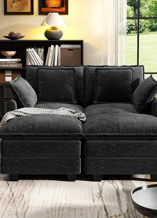 58-Inch Modular Sectional Loveseat with Deep Seating, Removable Washable Pillows, and Ottomans - Perfect for Living Room, Bedroom, or Apartment in Black