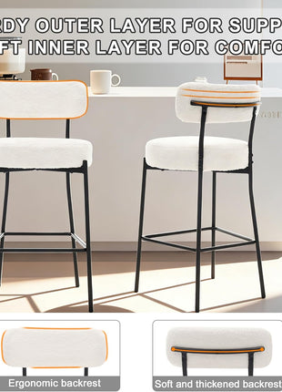 Set of 2 Contemporary 27" White Boucle Counter Height Bar Stools with Backrest and Metal Legs for Kitchen Island and Dining Area