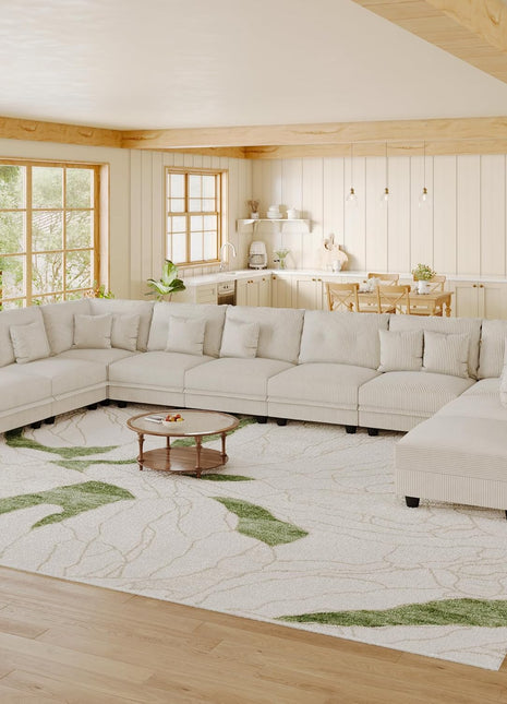 Modular Plush Corduroy U-Shaped Sectional Sofa - 10-Seater with 10 Throw Pillows, Versatile Configuration in Beige