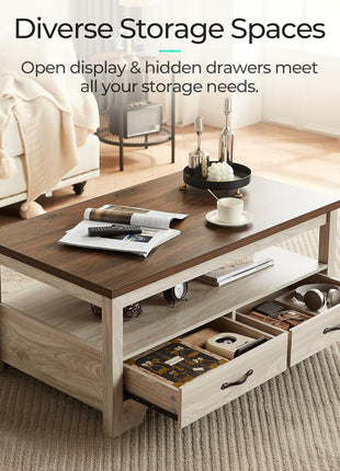 Farmhouse Coffee Table with Storage, Wood Construction, Open Display Area, and Drawers with Metal Handles in Oak and Brown Finish