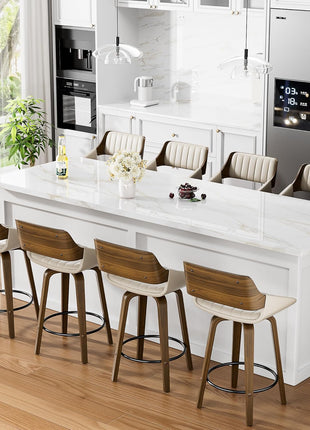 Set of 2 Mid Century Modern Swivel Counter Height Bar Stools, 26" Upholstered Faux Leather with Bentwood Back and Legs, Cream White for Kitchen Island and Dining Room