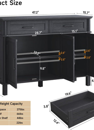 48-Inch Farmhouse Buffet Cabinet with Storage, Featuring 2 Drawers and 3 Doors, Wood Coffee Bar Cabinet with Adjustable Shelves for Kitchen and Living Room, Black Finish