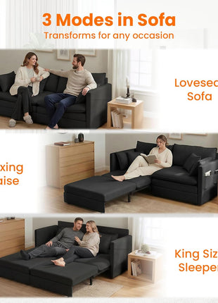 Luxurious 78-Inch King Size Ice Velvet 3-in-1 Convertible Sofa Bed with Side Pocket and Four Pillows in Black