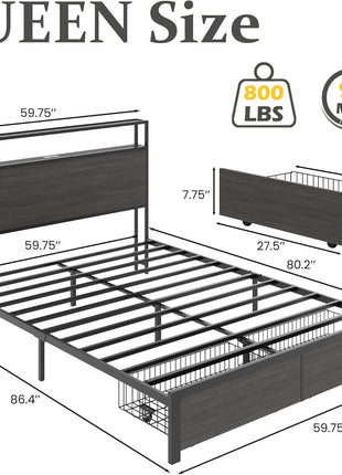 Queen Bed Frame with Dual-Tier Storage Headboard, Metal Construction, Integrated Fast-Charging Station, LED Lighting, Noise-Free Design, No Box Spring Required, Easy Assembly, Rustic Grey Finish