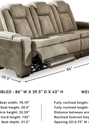 Signature Design by Ashley Next-Gen Durapella Power Reclining Sofa with Wireless & USB Charging, Zero-Gravity Feature, Adjustable Headrest, Water-Repellent Faux Leather, Drop-Down Table in Beige/Brown, 86 Inches