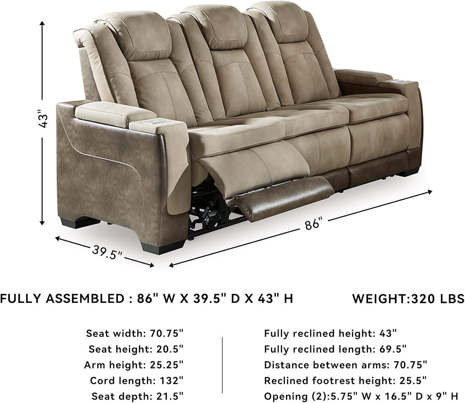 Next-Gen Durapella Power Reclining Sofa – Wireless & USB Charging, Zero-Gravity, Adjustable Headrest, Water-Repellent Faux Leather, Drop-Down Table, Beige/Brown, 86”