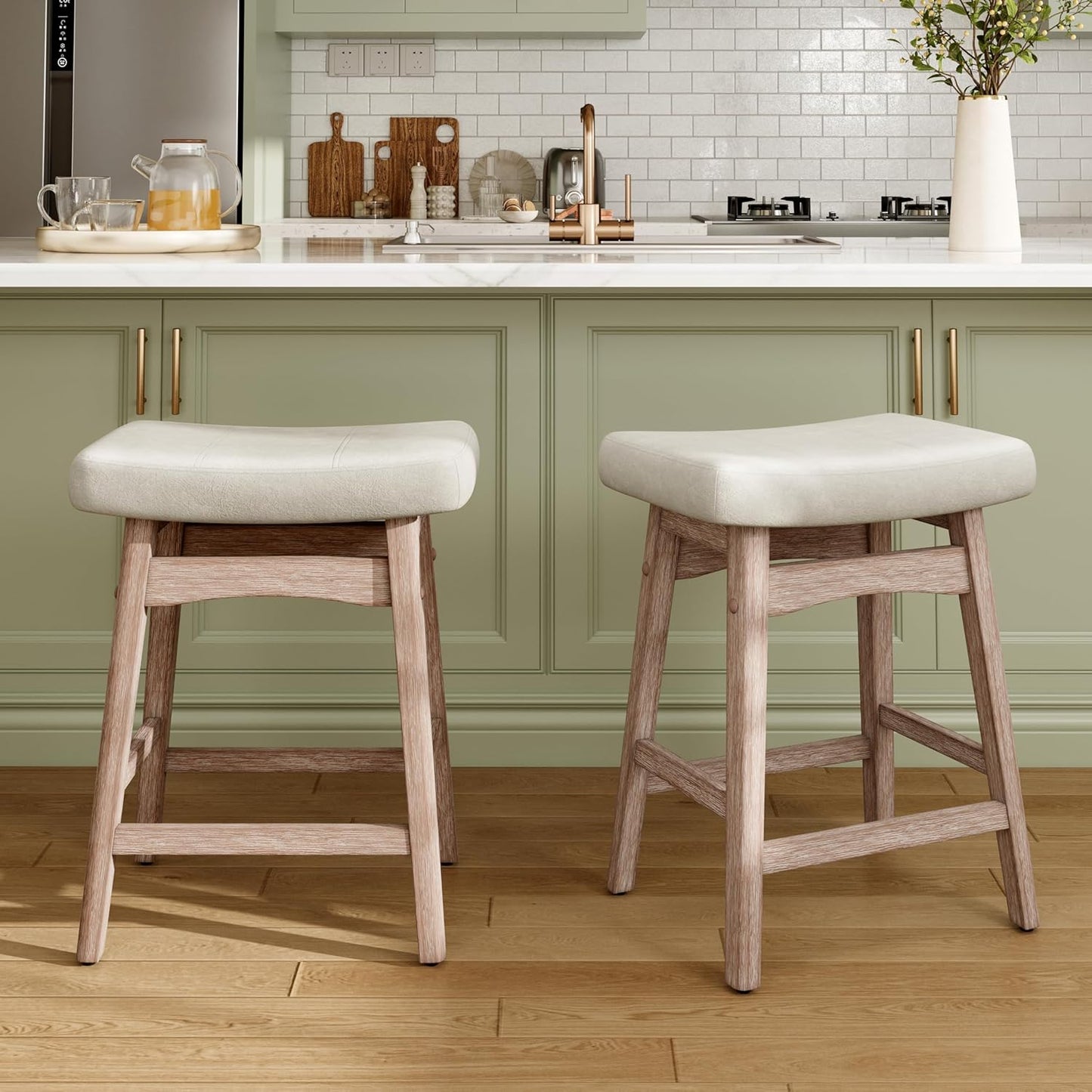 Counter Height Bar Stools Set of 2 for Kitchen Counter Solid Wood Legs with Fabric Saddle Seat Farmhouse Barstools for 34"-38" Counter Island Upholstered Stools, 24In, Creamy White