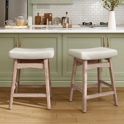 Counter Height Bar Stools Set of 2 for Kitchen Counter Solid Wood Legs with Fabric Saddle Seat Farmhouse Barstools for 34"-38" Counter Island Upholstered Stools, 24In, Creamy White