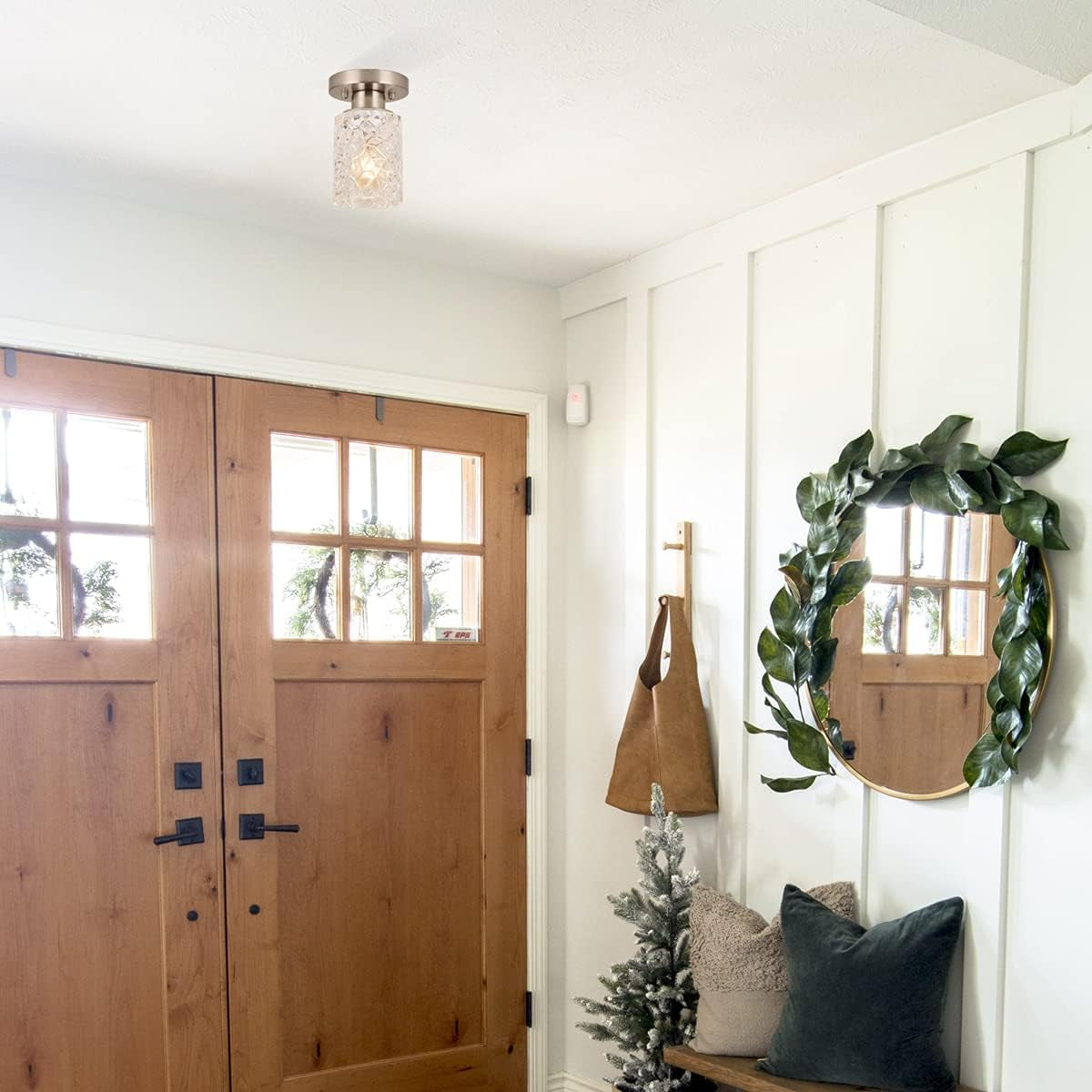 2 Pack Semi Flush Mount Ceiling Light, Clear Geometric Glass Shade, Brushed Nickel Farmhouse Light Fixture for Hallway, Laundry Room, Kitchen,Bathroom and Foyer AL9082-S2