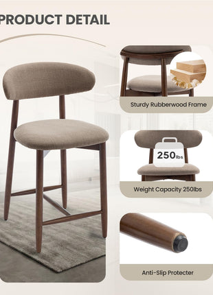 Set of 2 Upholstered Counter Height Bar Stools, 25.6″ Modern Design with Wooden Legs for Kitchen Island and Dining Room, Camel