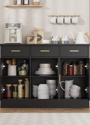 Elegant Buffet Cabinet with Storage - 47.2"W Wood Console Table for Kitchen and Living Room, Black Finish with 3 Doors and Drawers