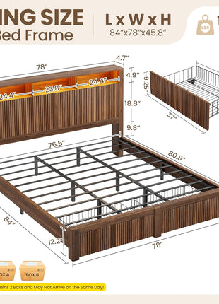 King Size Bed Frame with Headboard and Dual Storage Drawers, LED Lighting and Charging Port, Farmhouse Wavy Design, Wood and Metal Platform, Noise-Free, No Box Spring Required, Walnut Finish