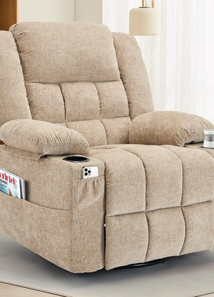 360° Swivel Rocker Recliner Chair for Adults with Massage and Heating Function, Nursery Glider Recliner Featuring Cup Holder, Manual Recliner for Living Room and Bedroom (Fabric, Dark Gray)
