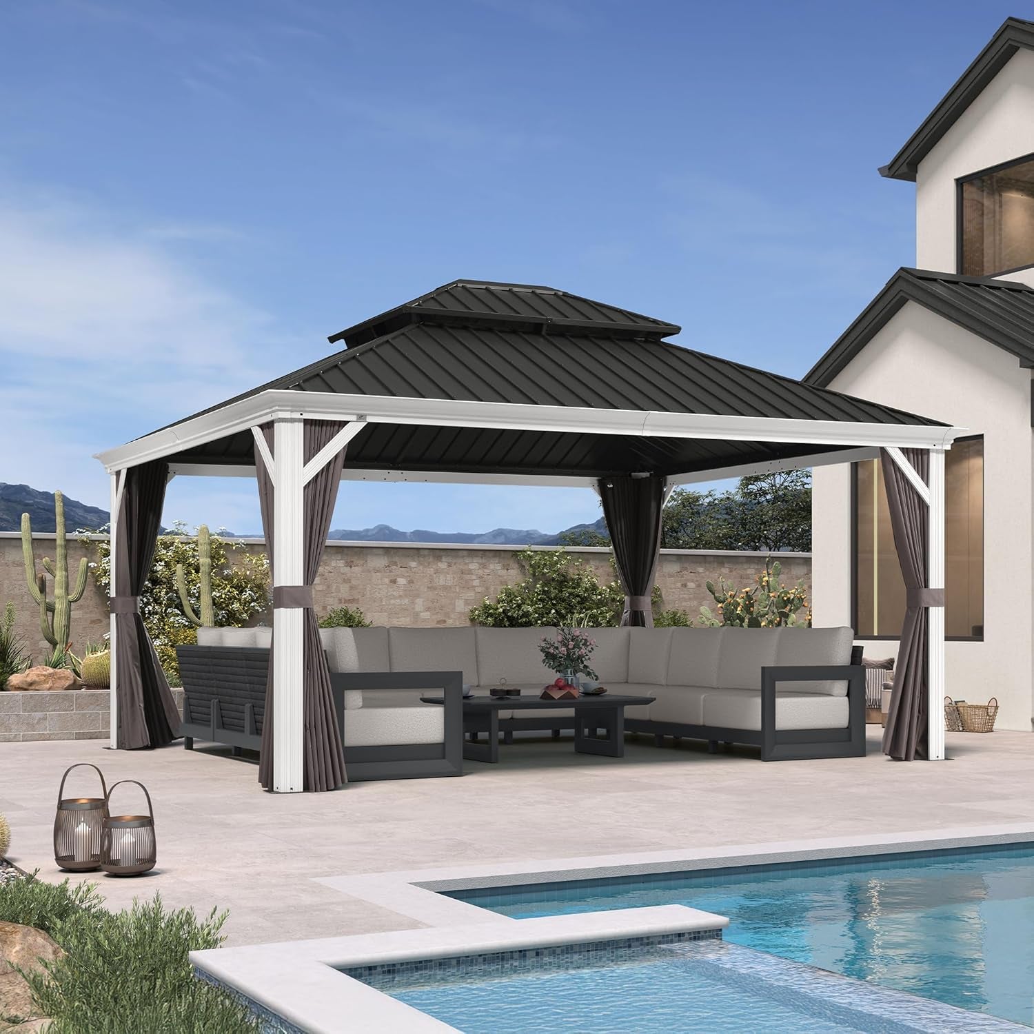 13' X 15' Hardtop Gazebo with Double Galvanized Steel Roof Awning and Upgrade Curtain for Patio Lawn and Garden, Grey