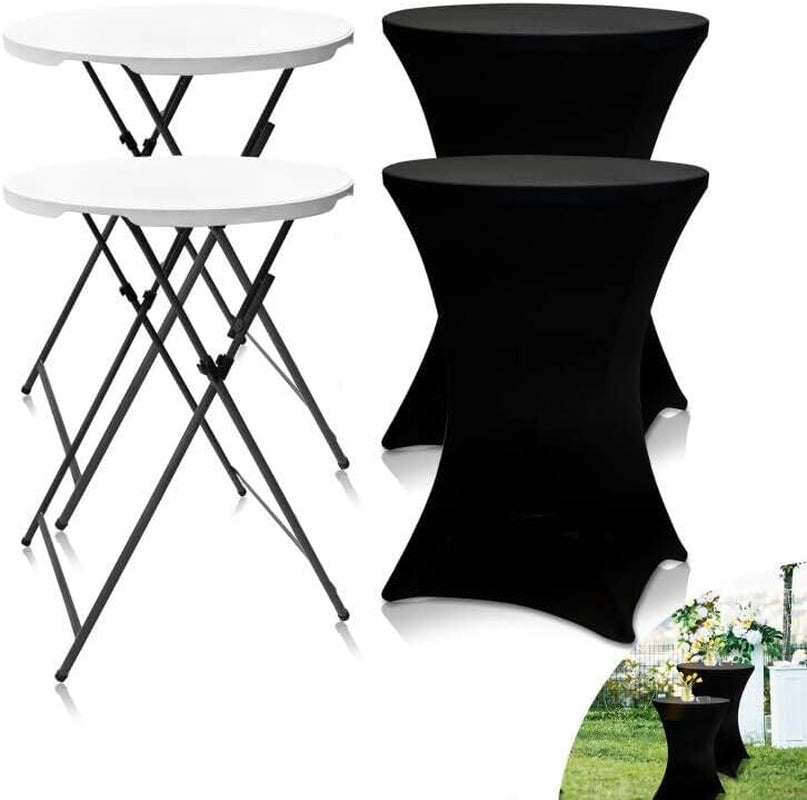 2Sets 32In Hightop Folding Cocktail Tables+Covers-Spandex Stretch Folding Tall Bar Table Covers, Detachable Legs Bar Height Folding Table Outdoor Indoor Use (Black/2 Tables+2 Covers)