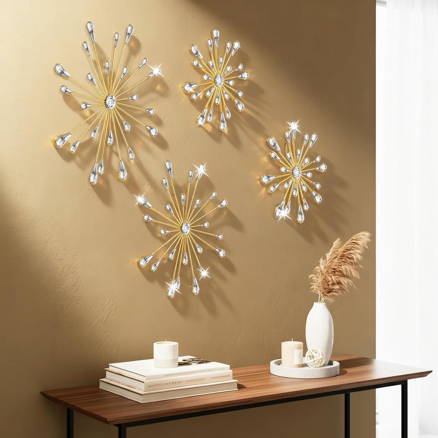 4Pcs Gold Metal Jeweled Wall Art, Starburst Wall Decor, Bling Crystal Home Décor, Star Sun Rhinestone Hanging, Diamond Accents Home Decorative for Living Room, Bedroom, Entryway