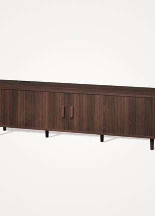 70-Inch Mid-Century Modern Television Stand with Sliding Doors, Power Outlet, Adjustable Shelves, Fluted Design, and Walnut Finish