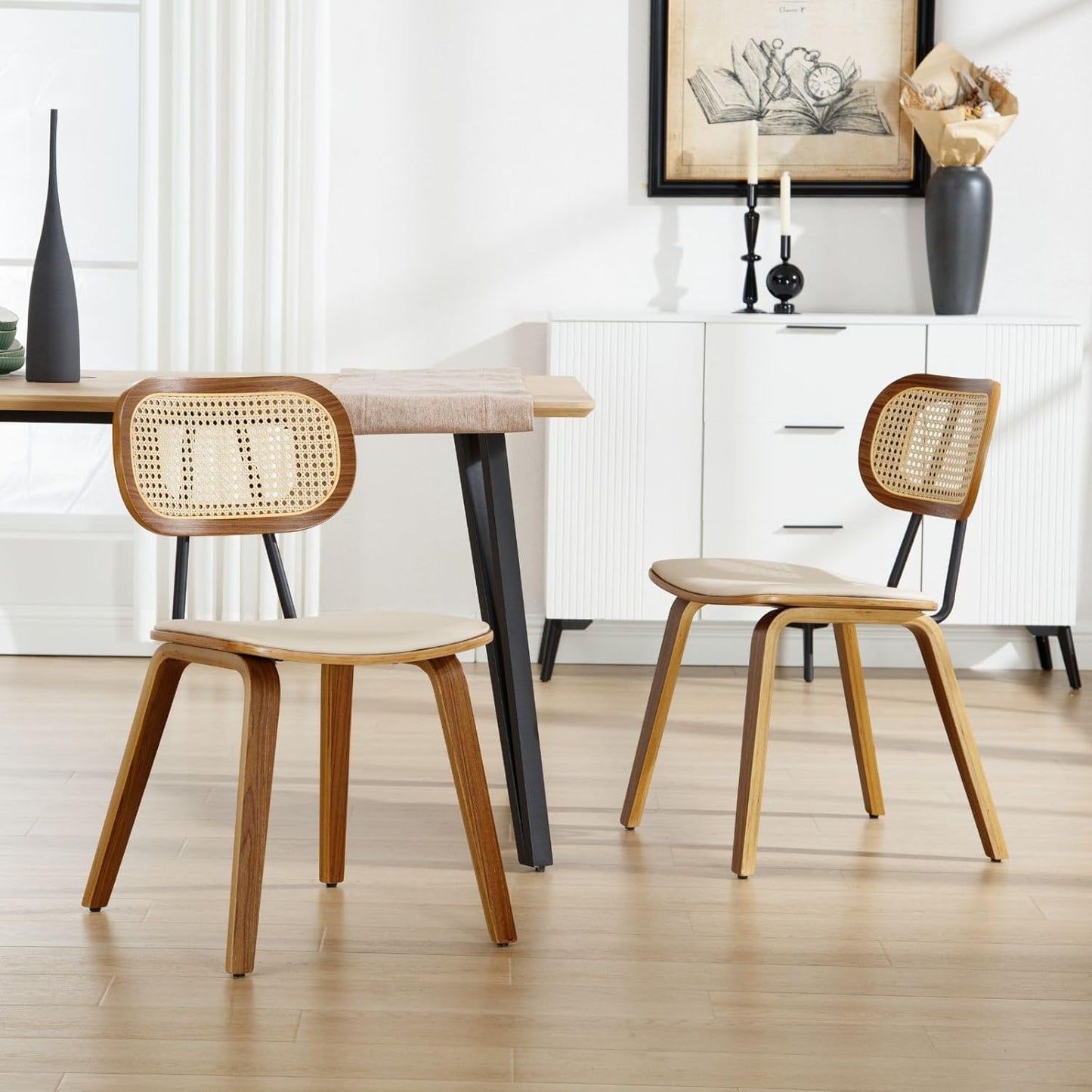 Modern Dining Chairs Set of 2, Upholstered Faux Leather Dining Room Chairs with Rattan Backrests and Wood Legs, Armless Kitchen Chairs for Dining Room, Beige