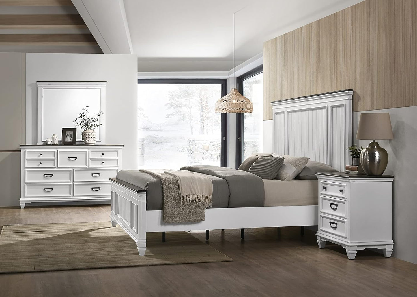 Clelane Wood Bedroom Set with Shiplap Panel King Bed, Dresser, Mirror, Two Nightstands, and Chest in Weathered White and Dark Gray