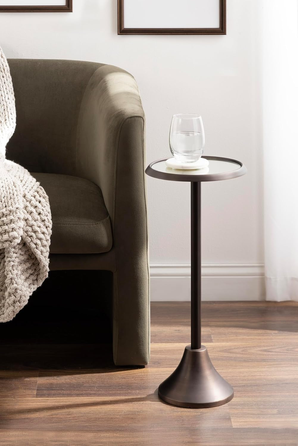 Sanzo Modern Pedestal Drink Table; 10 X 10 X 23; Antique Bronze; Decorative End Table with Mirrored Tabletop for Use as Small Plant Stand or Cute Martini Table