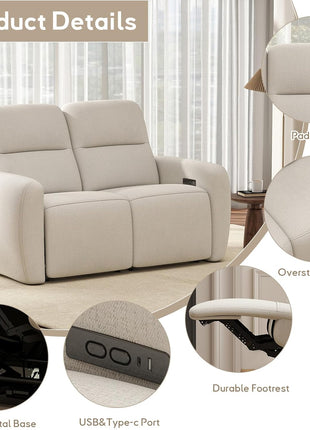 3-Seater Reclining Sofa and Loveseat Set with USB and Type-C Charging Ports, Overstuffed Fabric Design for Living Room, Home Theater, and RV (Beige)